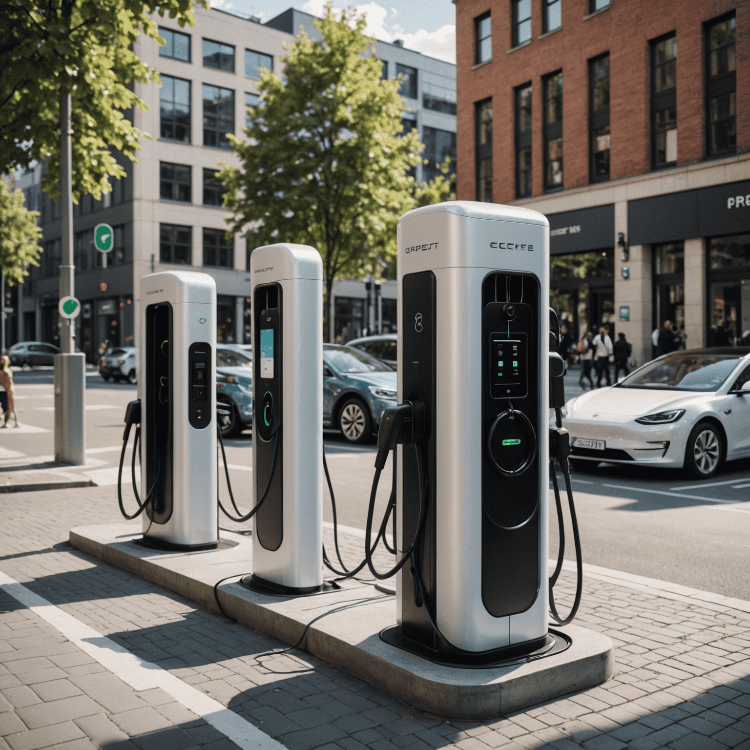 En modern laddstation för elbilar i en urban miljö, med flera bilar anslutna och människor som interagerar med laddningsutrustningen.